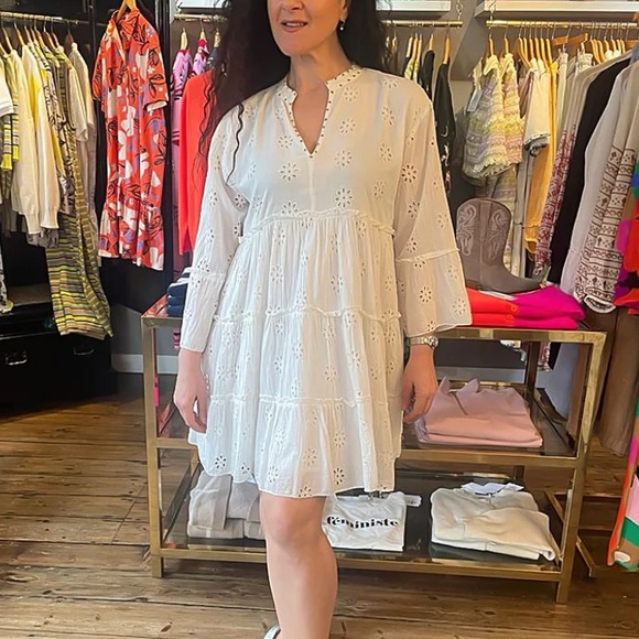 MAISON HOTEL Dennis Short Tiered Embroidered Dress in Ivory - Picture 5 of 12